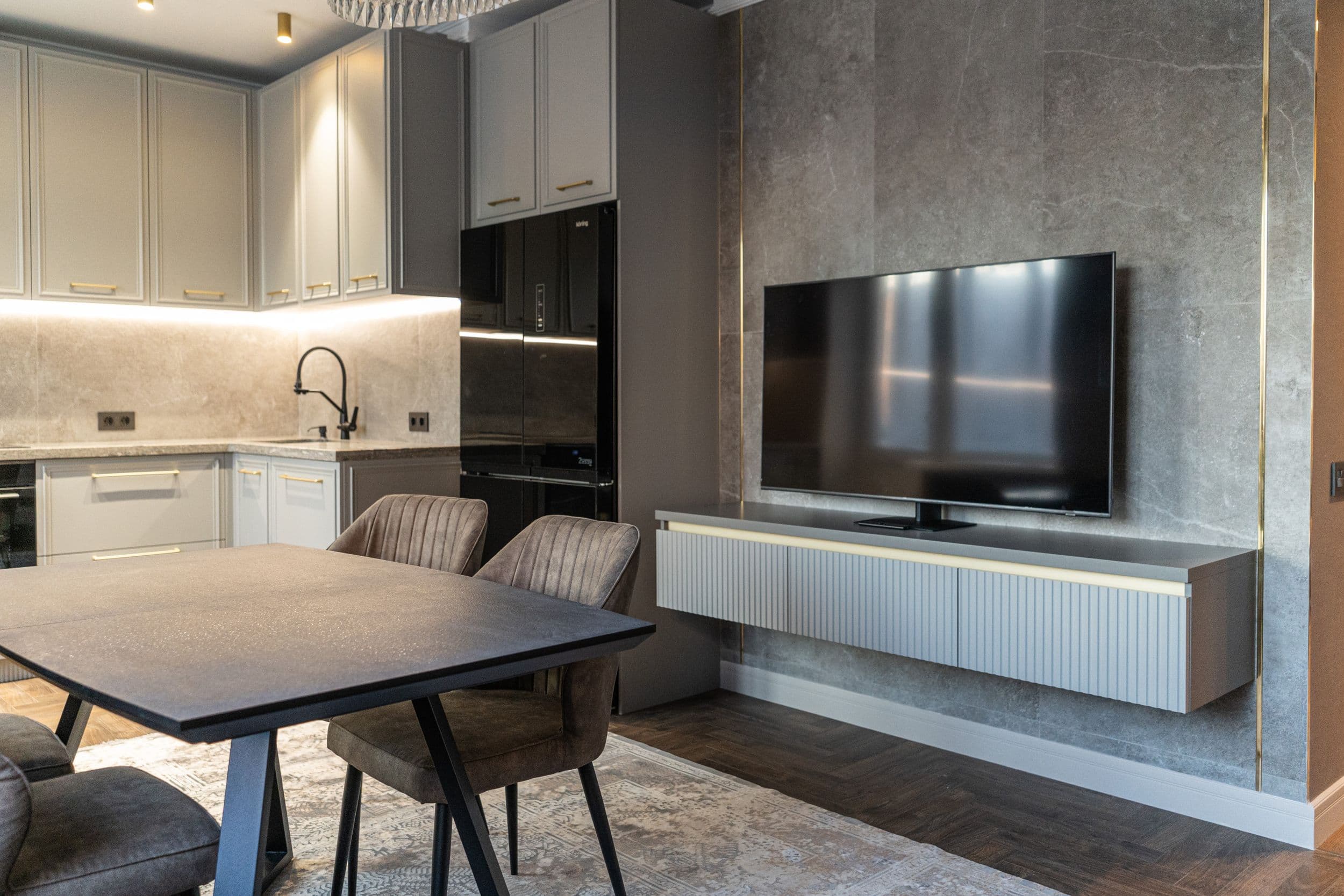 Подвесная ТВ-тумба с серыми фасадами