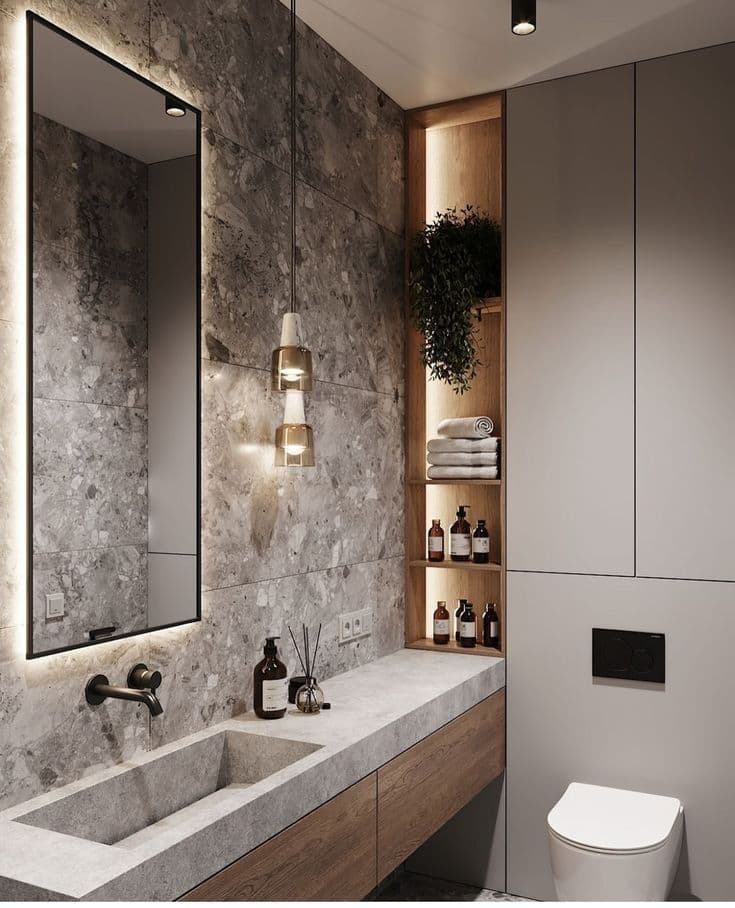 Современная ванная с каменной раковиной и деревянной тумбой