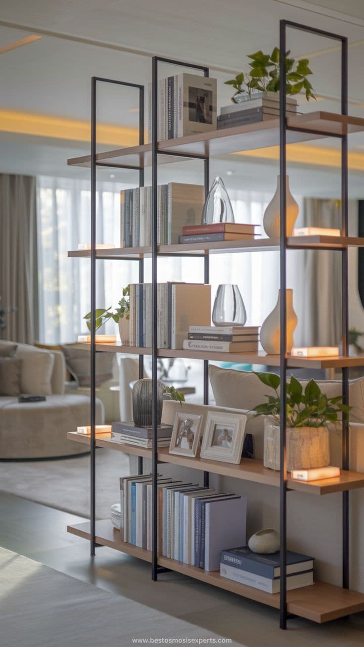 Открытый стеллаж с деревянными полками и декором